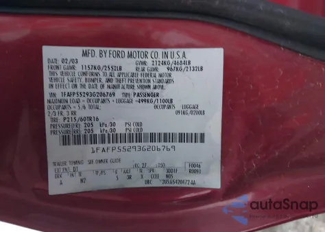 2003 Ford Taurus Ses from USA, damaged, VIN 1FAFP55293G206769